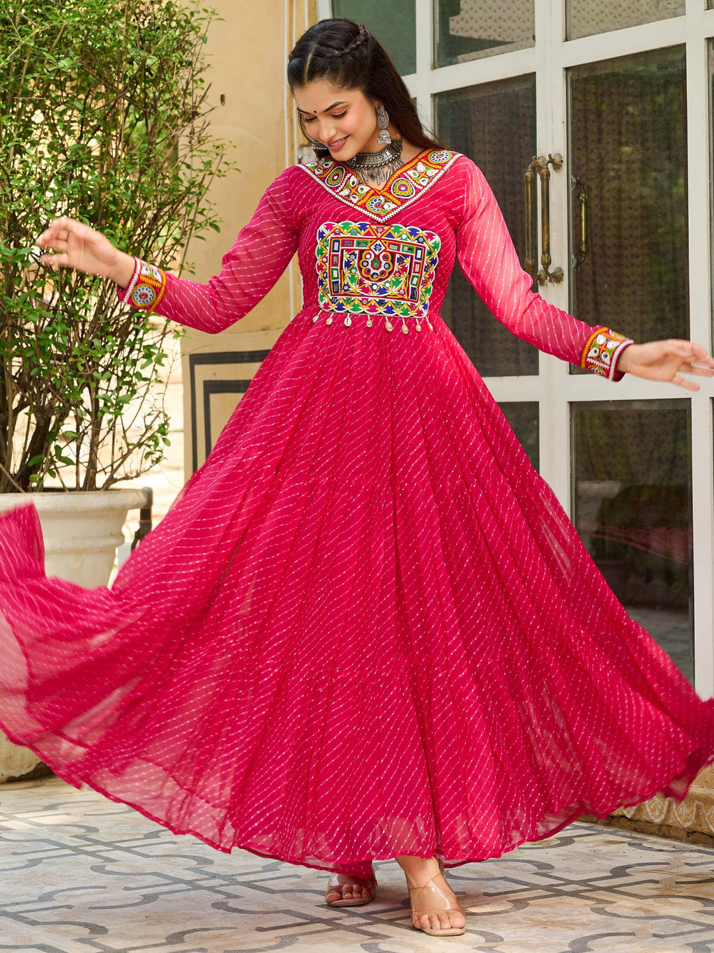 Pink Laheriya Print Georgette Kutchi Patchwork Navratri Gown
