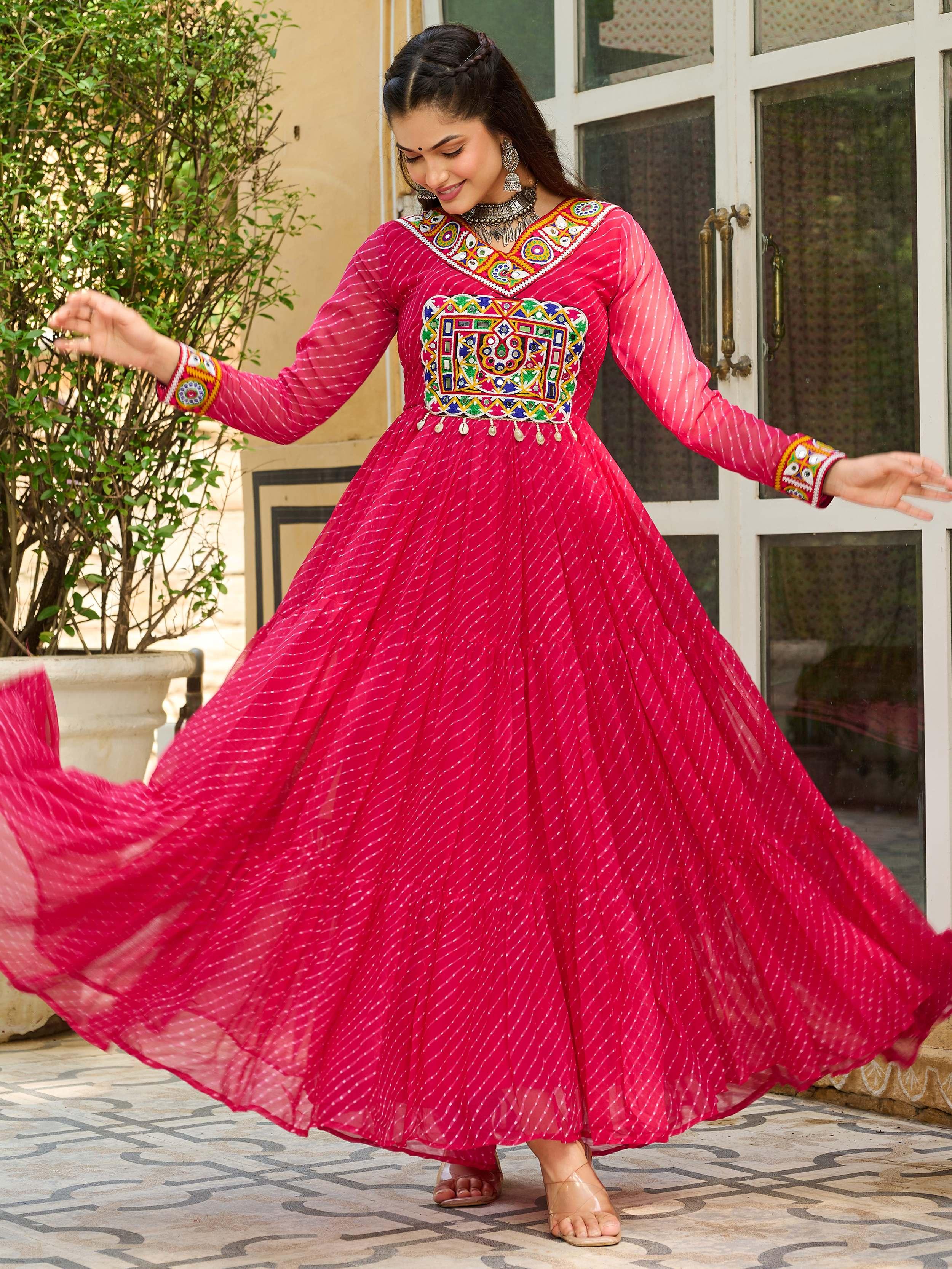 Pink Laheriya Print Georgette Kutchi Patchwork Navratri Gown