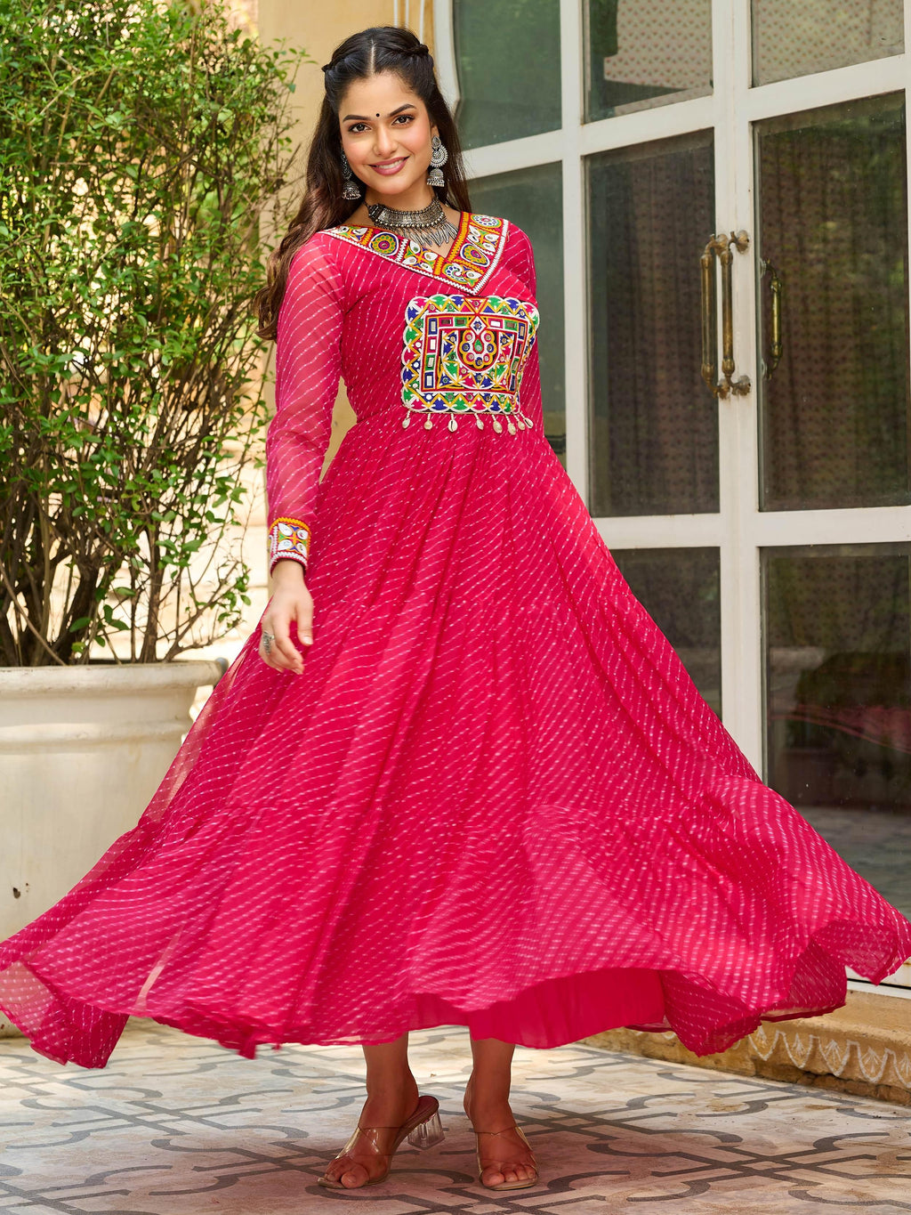 Pink Laheriya Print Georgette Kutchi Patchwork Navratri Gown