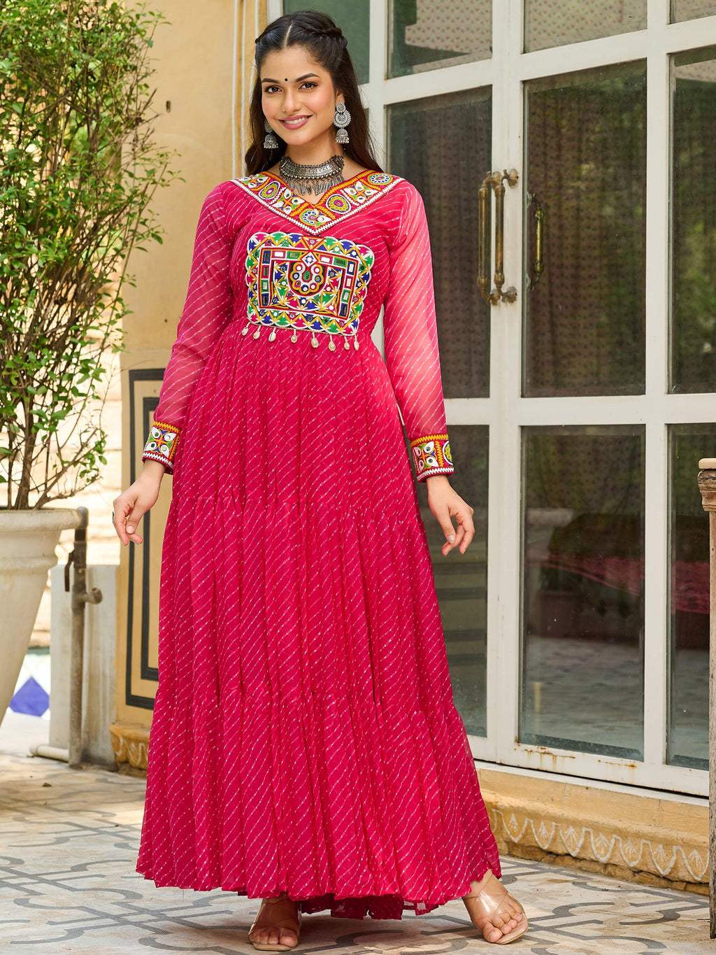 Pink Laheriya Print Georgette Kutchi Patchwork Navratri Gown
