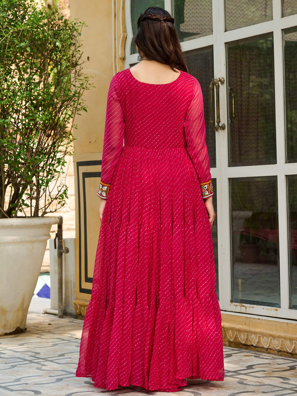 Pink Laheriya Print Georgette Kutchi Patchwork Navratri Gown