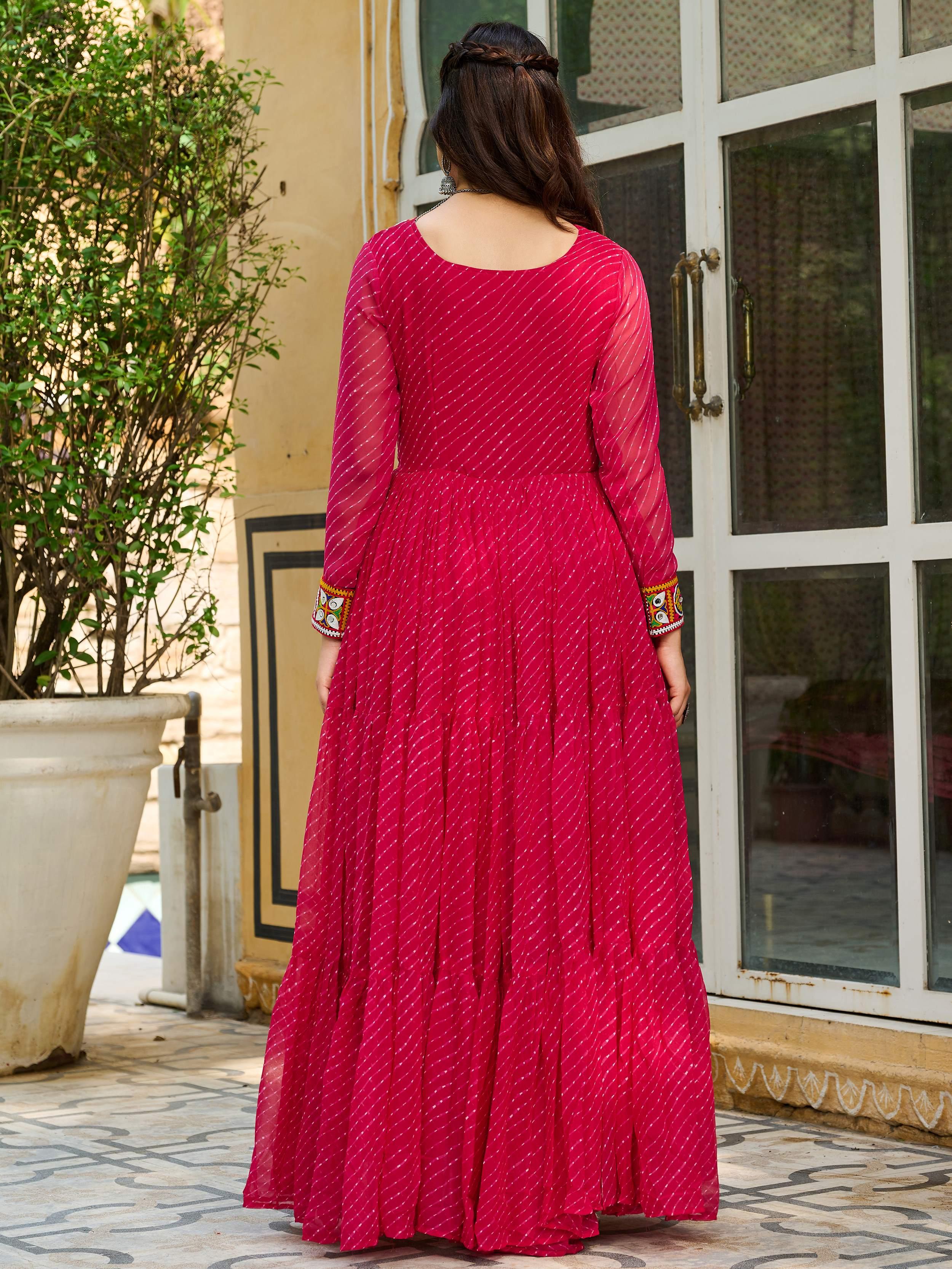 Pink Laheriya Print Georgette Kutchi Patchwork Navratri Gown