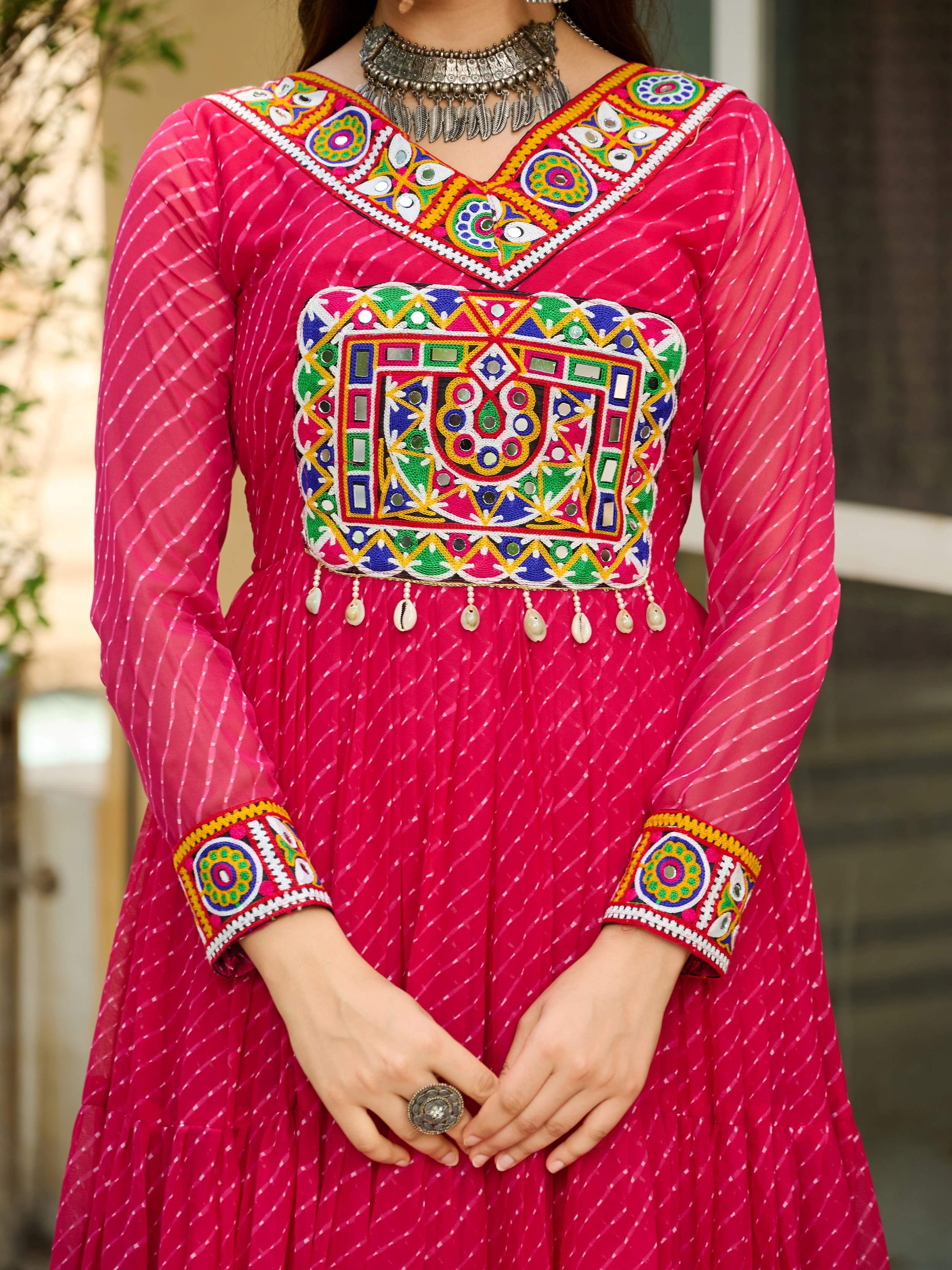 Pink Laheriya Print Georgette Kutchi Patchwork Navratri Gown