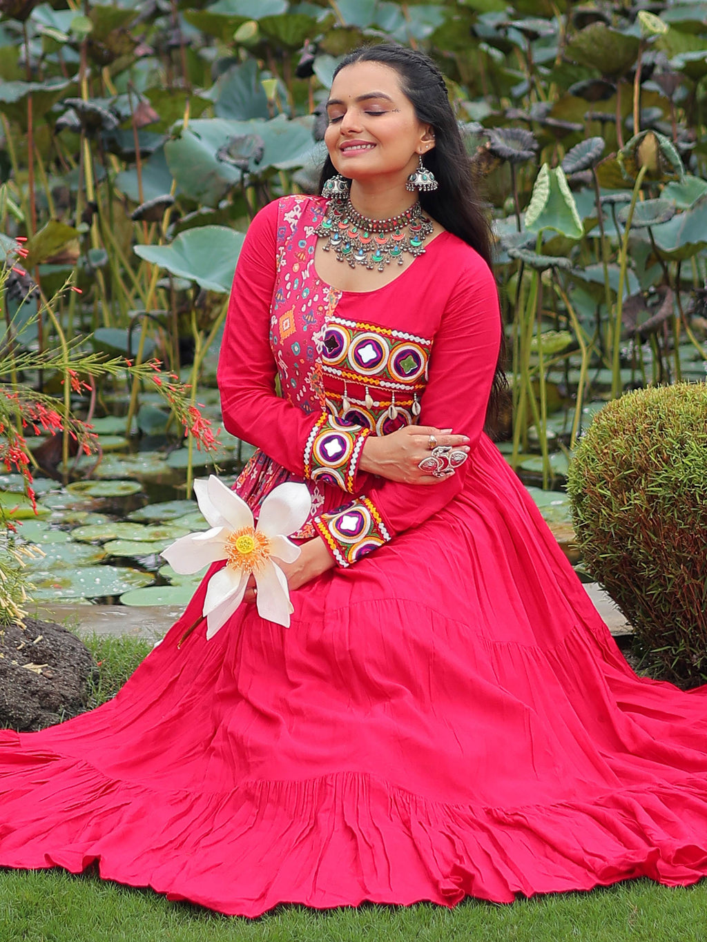 Pink Pure Rayon Kutchi Gamthi Embroidered Navratri Gown