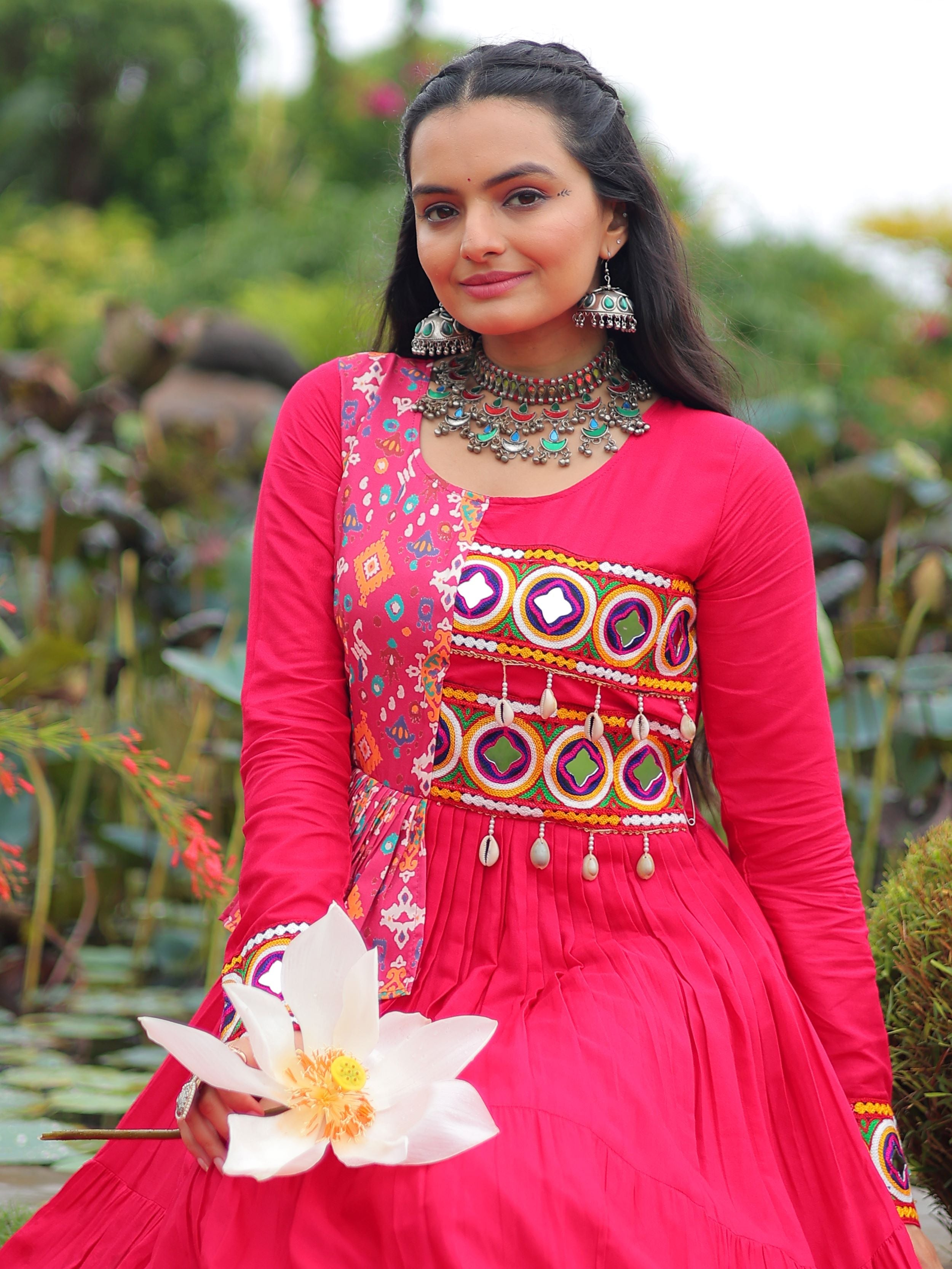 Pink Pure Rayon Kutchi Gamthi Embroidered Navratri Gown