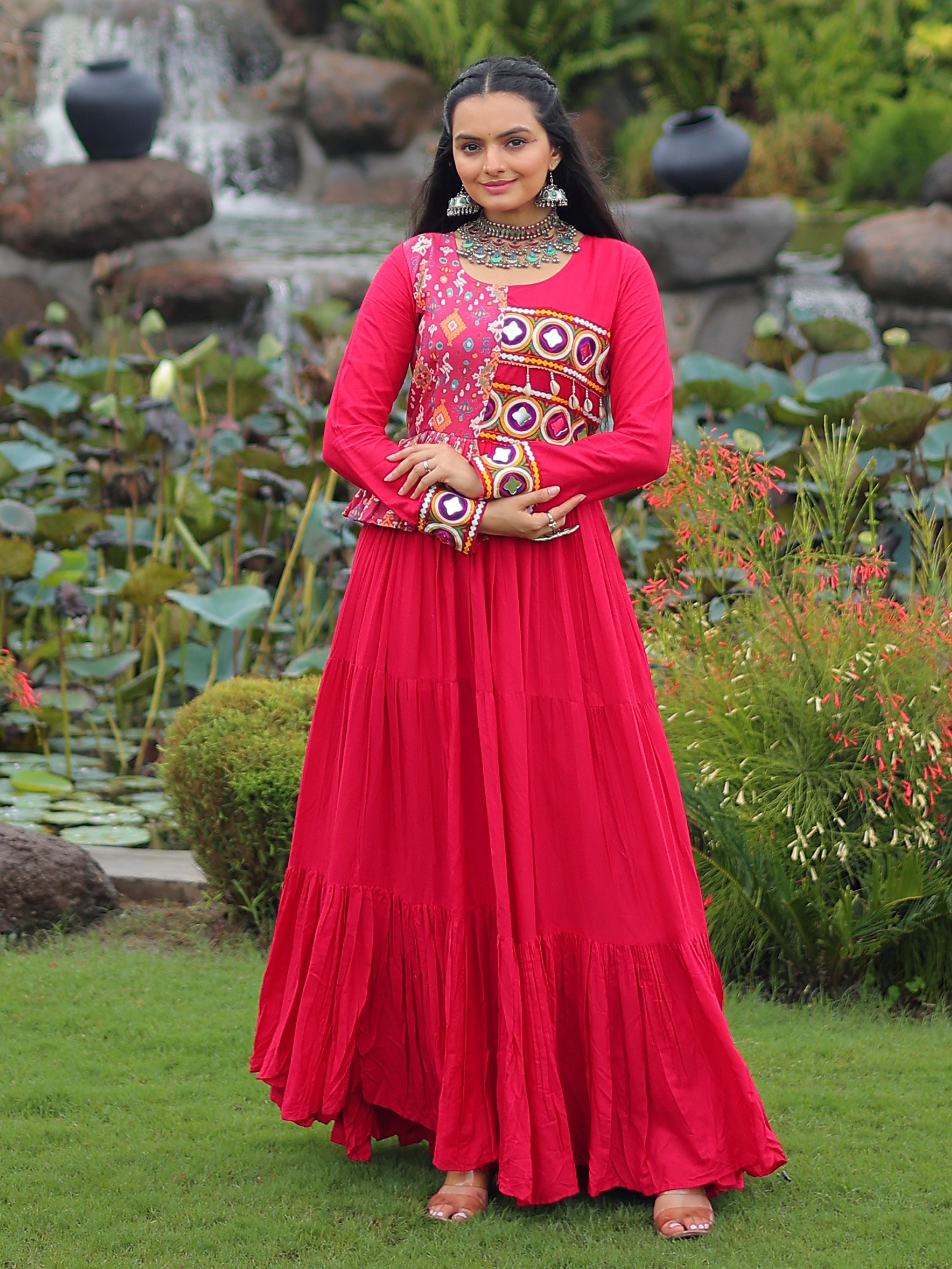 Pink Pure Rayon Kutchi Gamthi Embroidered Navratri Gown