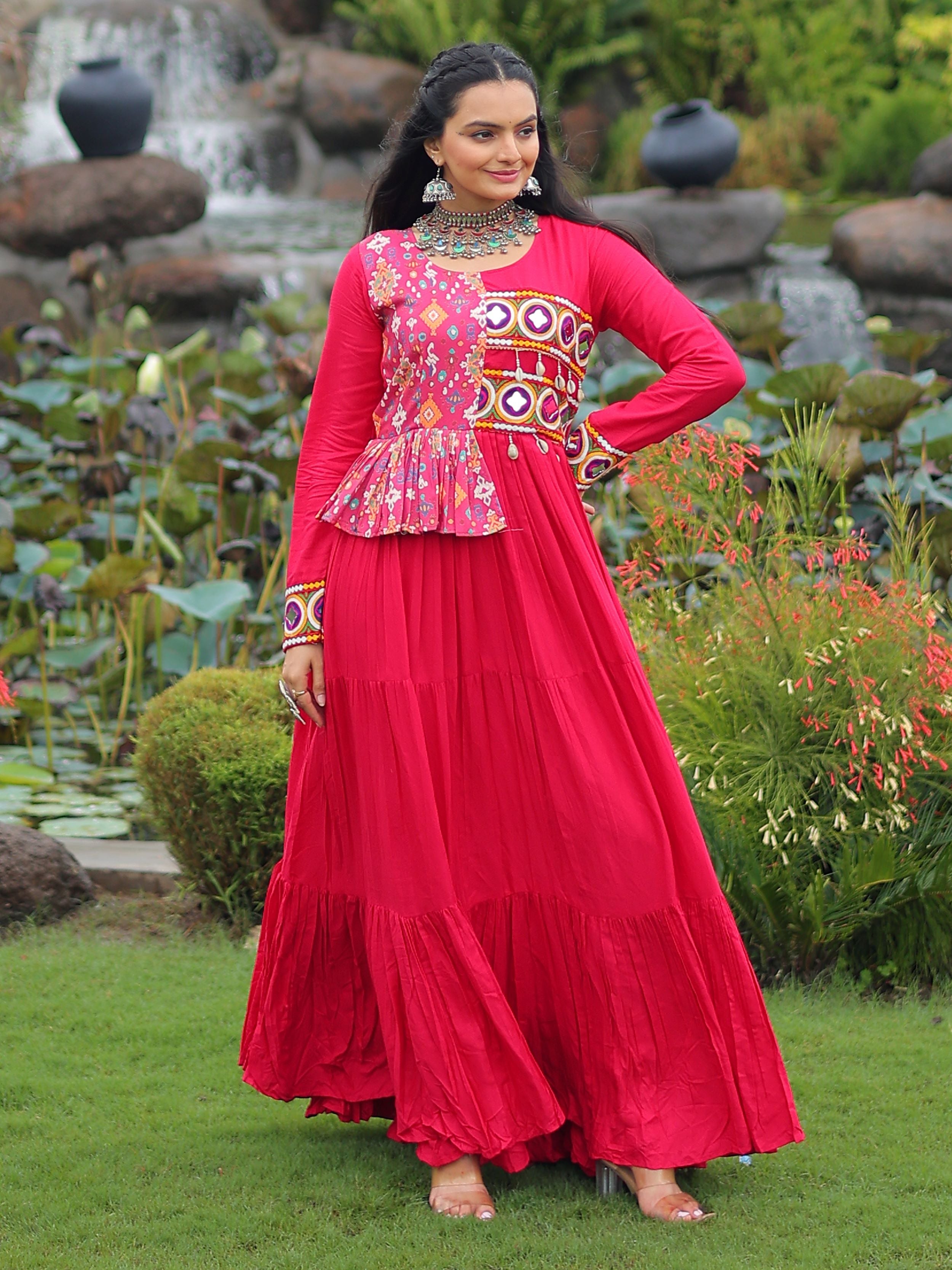 Pink Pure Rayon Kutchi Gamthi Embroidered Navratri Gown