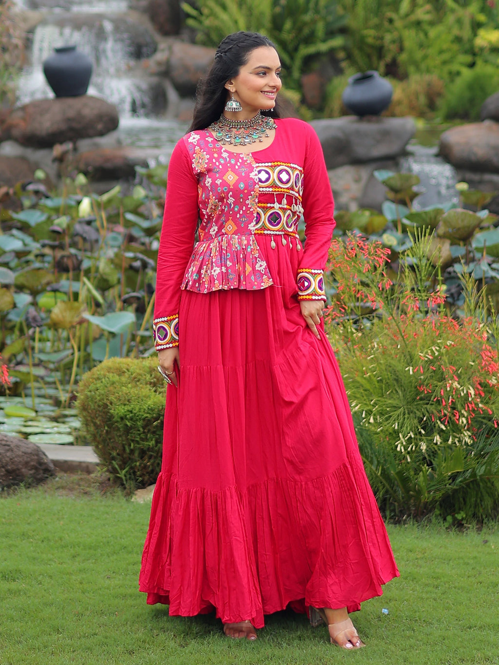 Pink Pure Rayon Kutchi Gamthi Embroidered Navratri Gown