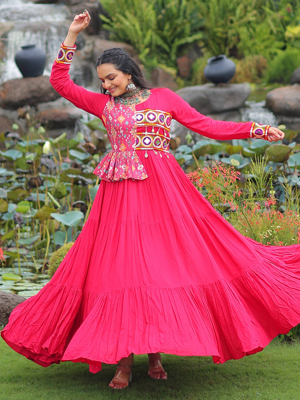 Pink Pure Rayon Kutchi Gamthi Embroidered Navratri Gown