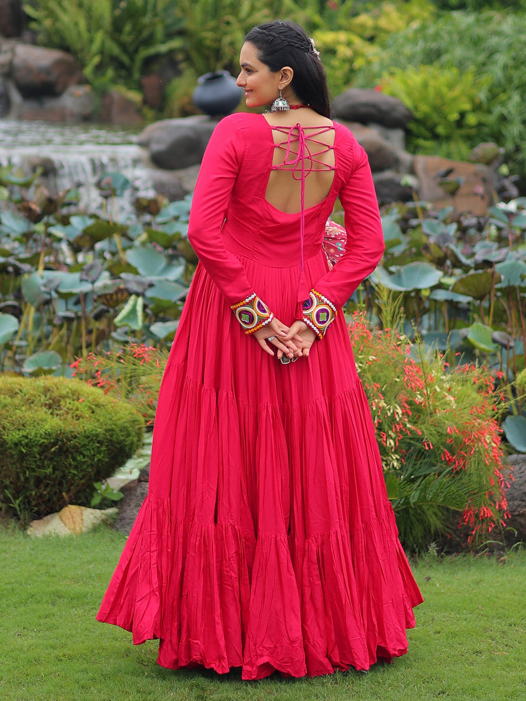 Pink Pure Rayon Kutchi Gamthi Embroidered Navratri Gown