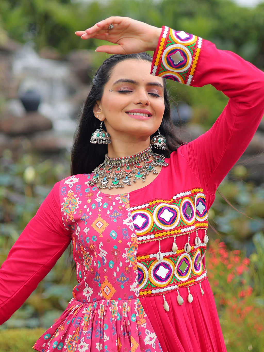 Pink Pure Rayon Kutchi Gamthi Embroidered Navratri Gown