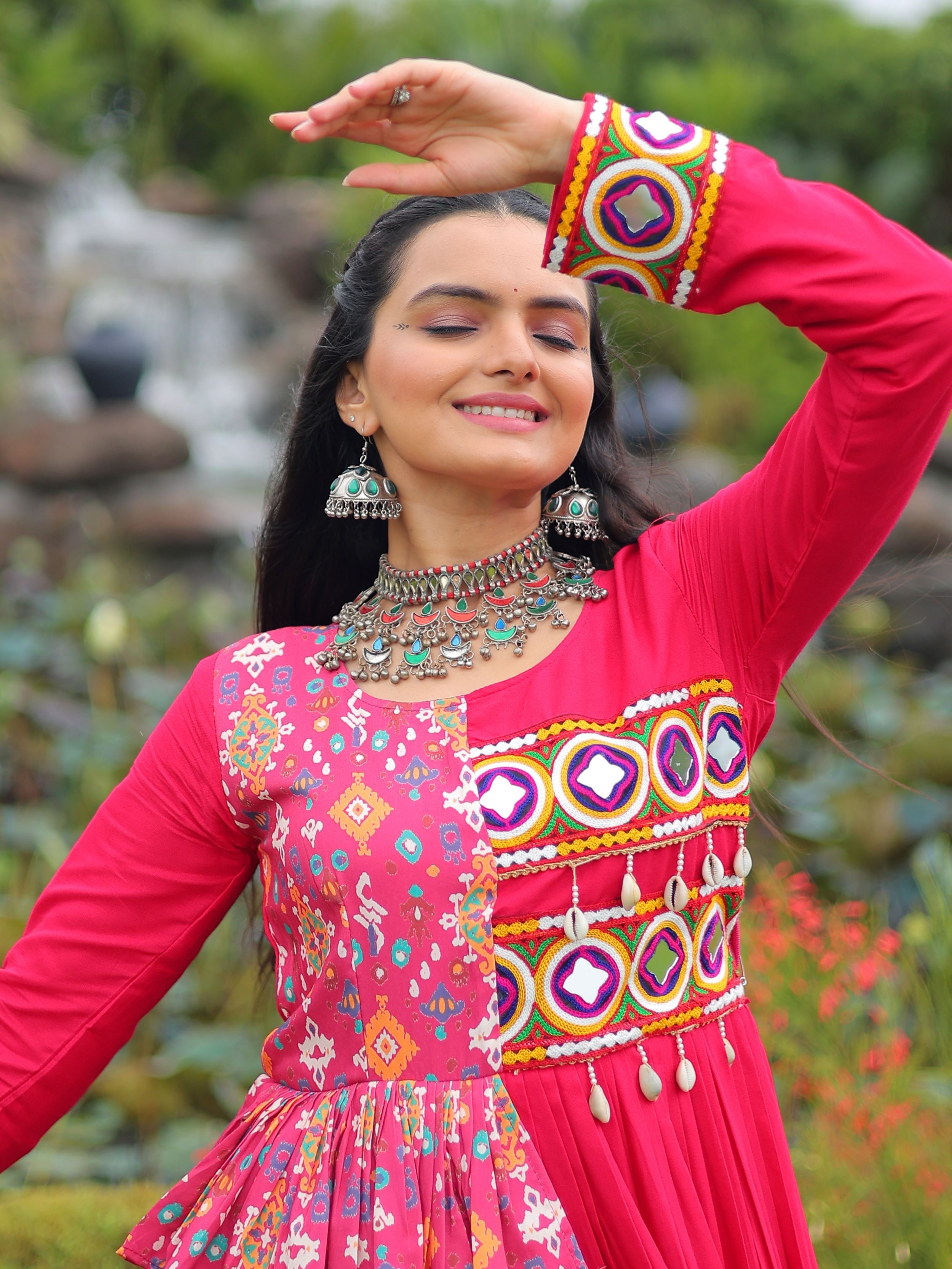 Pink Pure Rayon Kutchi Gamthi Embroidered Navratri Gown