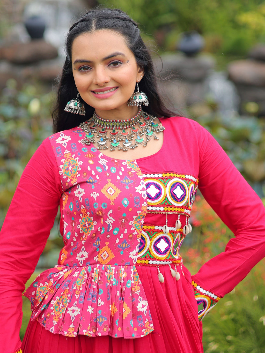 Pink Pure Rayon Kutchi Gamthi Embroidered Navratri Gown