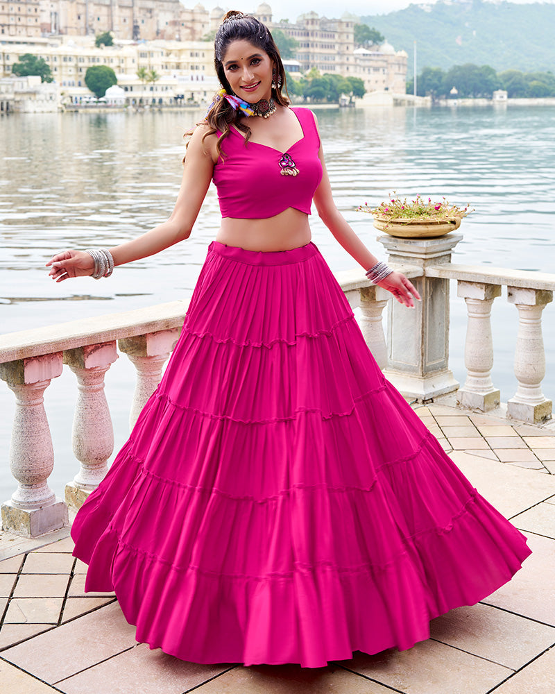 Pink Pure Rayon Lehenga with Mirror Gamthi Work Blouse and Koti