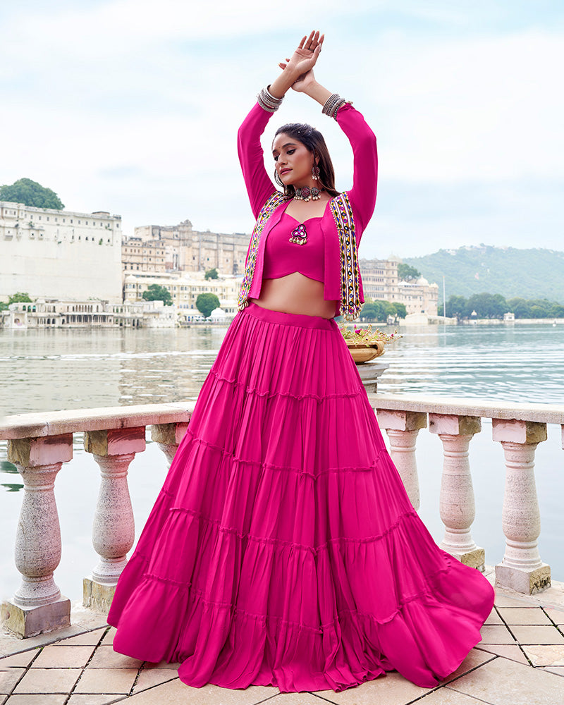 Pink Pure Rayon Lehenga with Mirror Gamthi Work Blouse and Koti