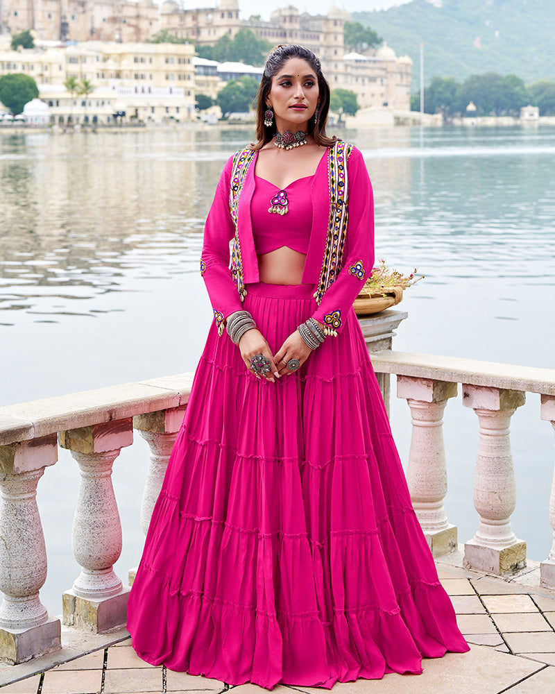 Pink Pure Rayon Lehenga with Mirror Gamthi Work Blouse and Koti