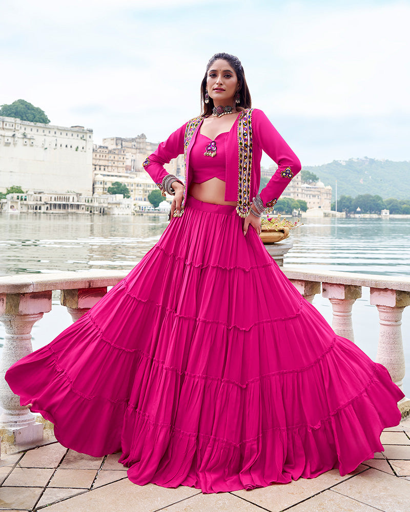 Pink Pure Rayon Lehenga with Mirror Gamthi Work Blouse and Koti