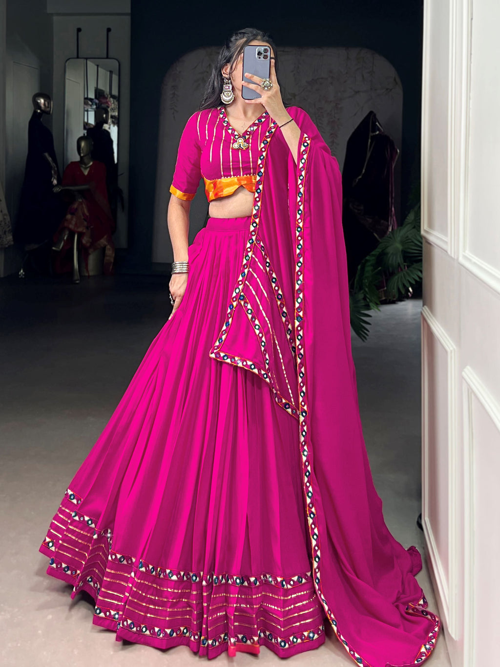 Pink Pure Rayon Mirror Gamthi and Gotta Patti Work Lehenga Choli