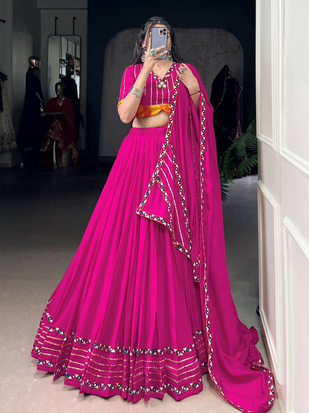 Pink Pure Rayon Mirror Gamthi and Gotta Patti Work Lehenga Choli