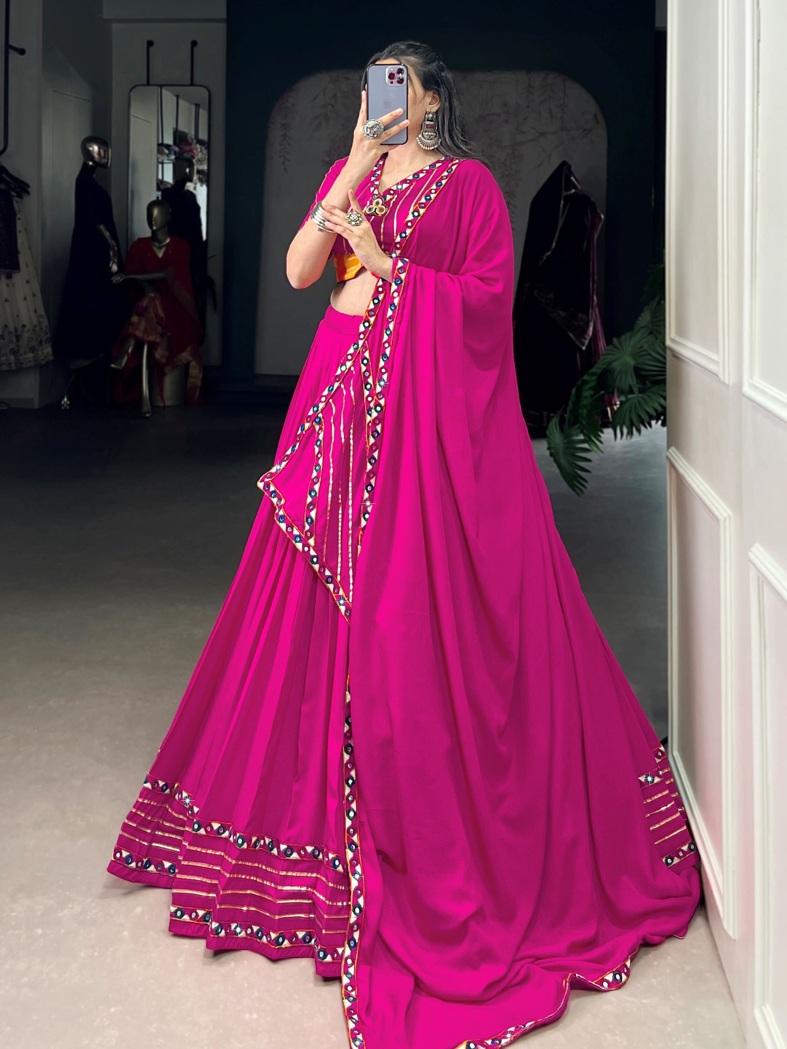 Pink Pure Rayon Mirror Gamthi and Gotta Patti Work Lehenga Choli
