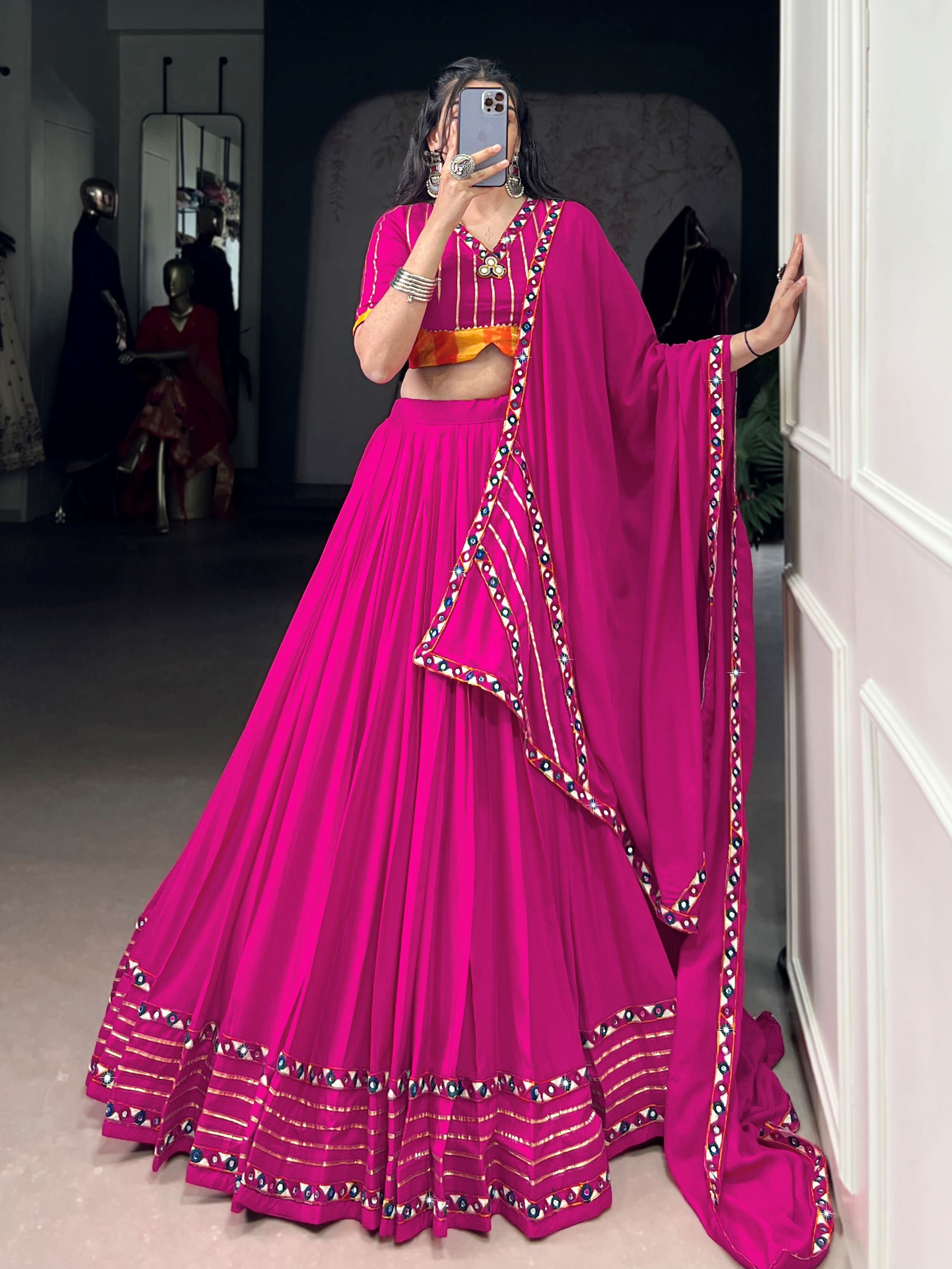 Pink Pure Rayon Mirror Gamthi and Gotta Patti Work Lehenga Choli