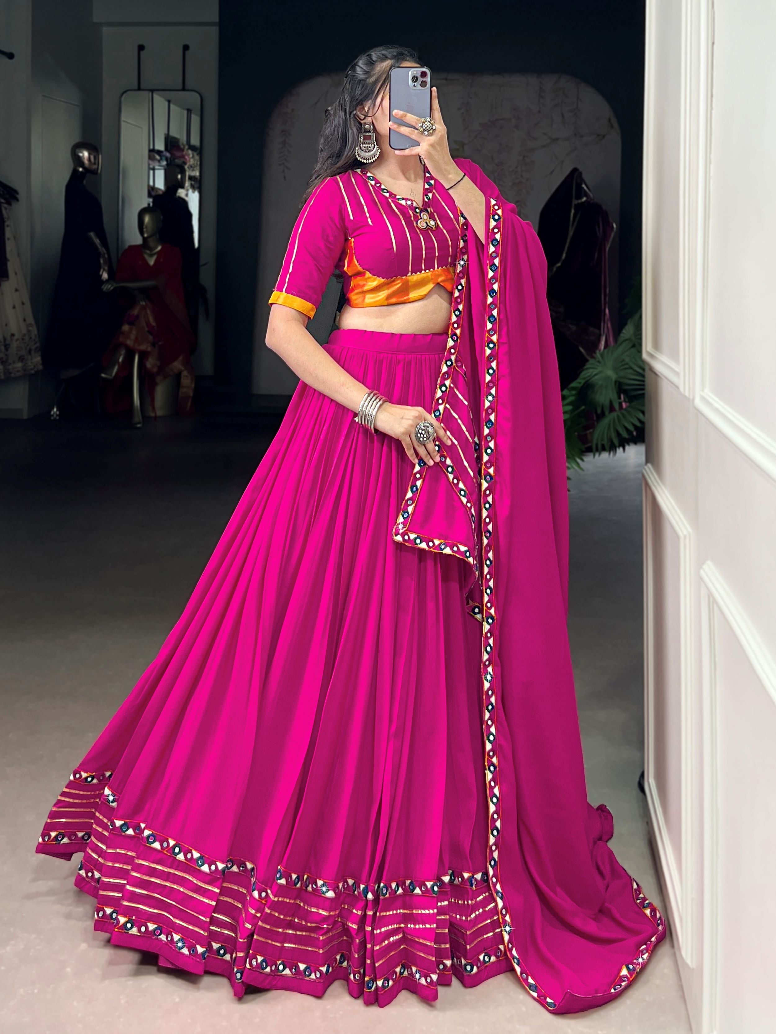 Pink Pure Rayon Mirror Gamthi and Gotta Patti Work Lehenga Choli
