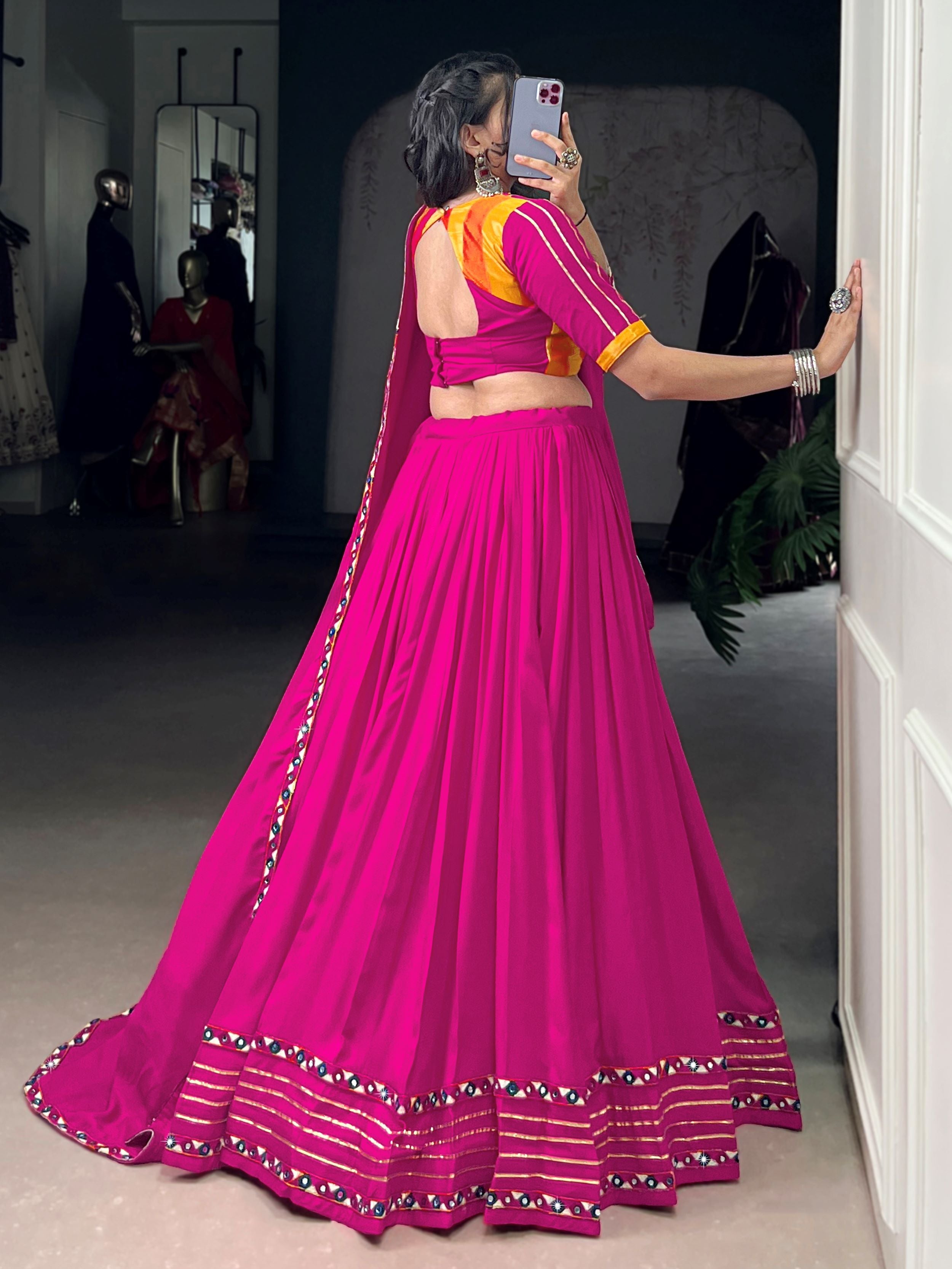 Pink Pure Rayon Mirror Gamthi and Gotta Patti Work Lehenga Choli
