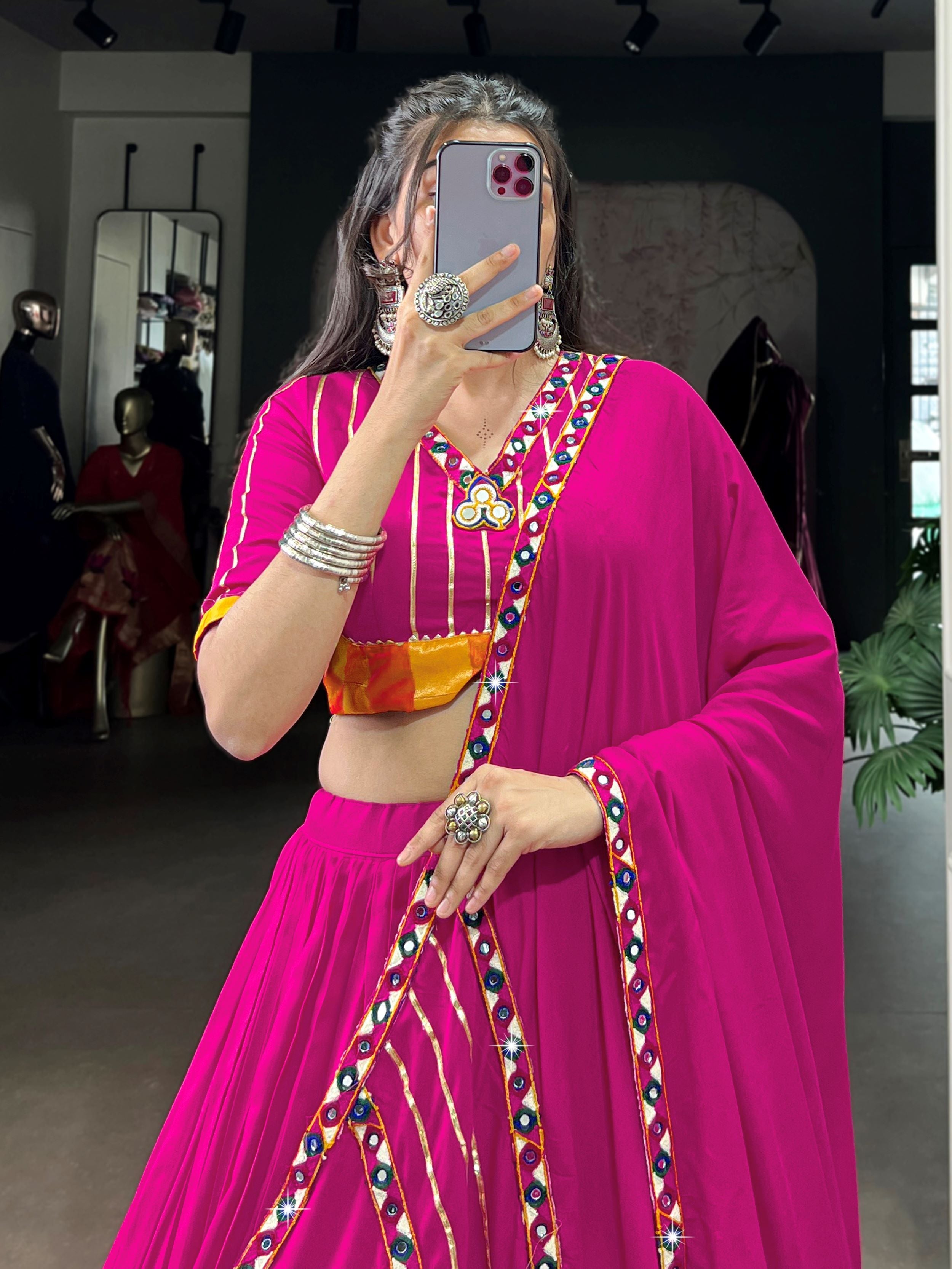 Pink Pure Rayon Mirror Gamthi and Gotta Patti Work Lehenga Choli