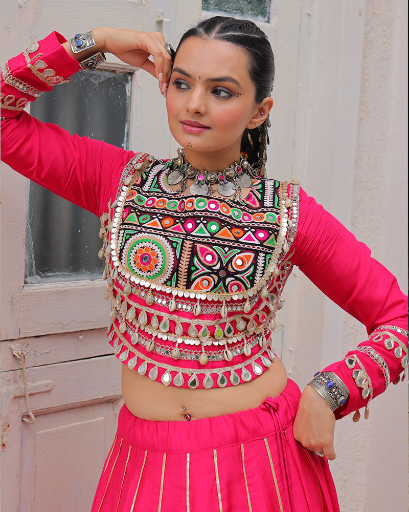 Pink Roman Silk Gota Patti Lace and Kutchi Gamthi Embroidered Lehenga Choli