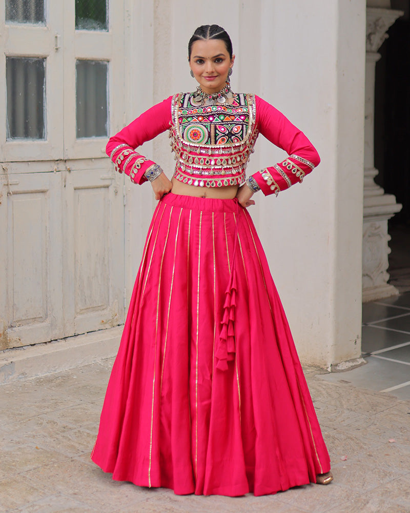 Pink Roman Silk Gota Patti Lace and Kutchi Gamthi Embroidered Lehenga Choli