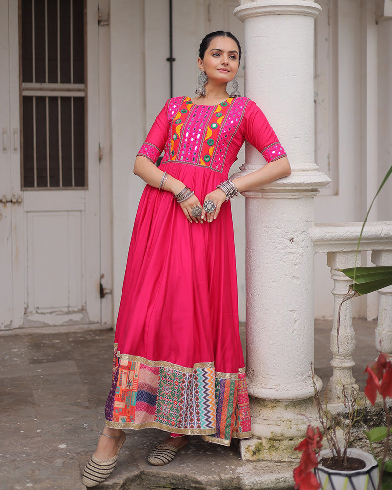Pink Roman Silk Thread Mirror Work and Maslin Crochet Print Gown