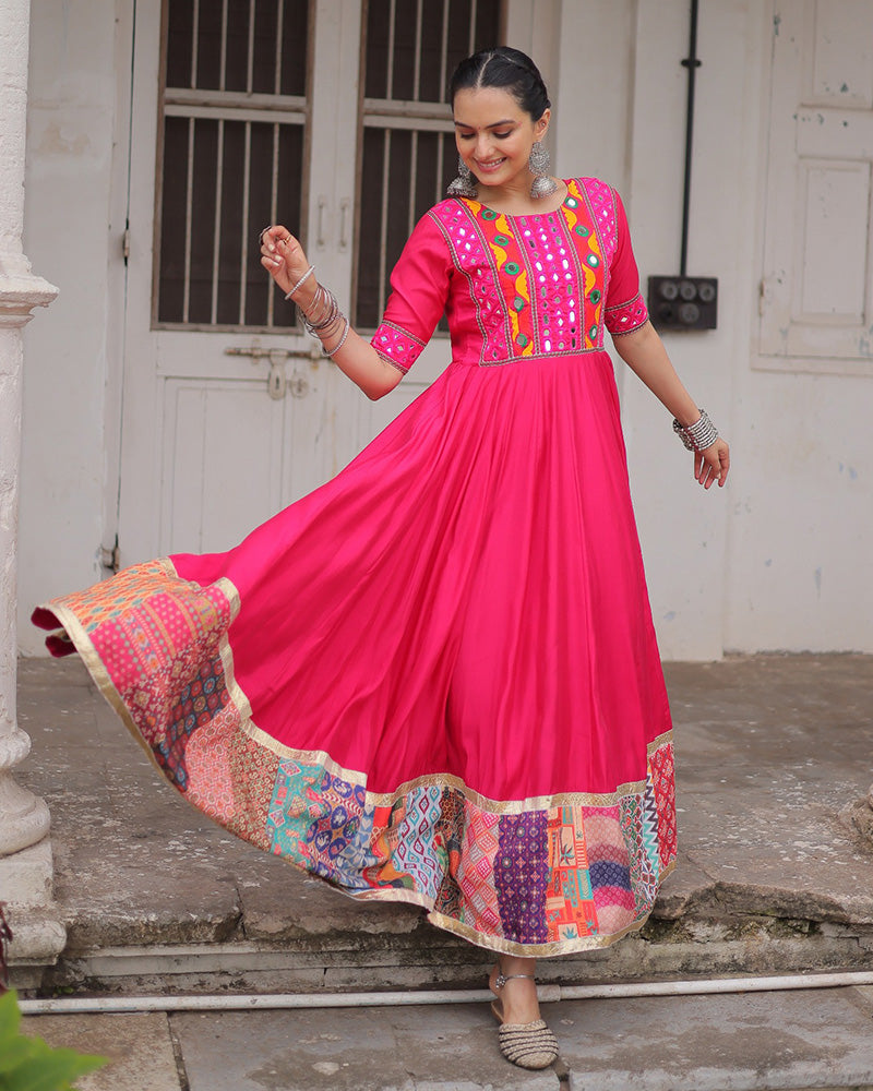 Pink Roman Silk Thread Mirror Work and Maslin Crochet Print Gown