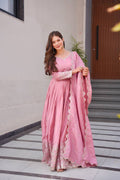 Pink Shimmer Silk Embroidered Handwork Lace Work Gown with Dupatta