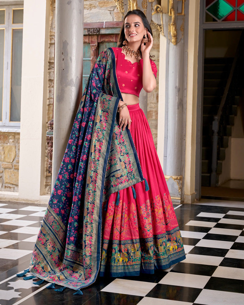 Pink Silk Printed Foli Work Semi-Stitched Half Saree Lehenga