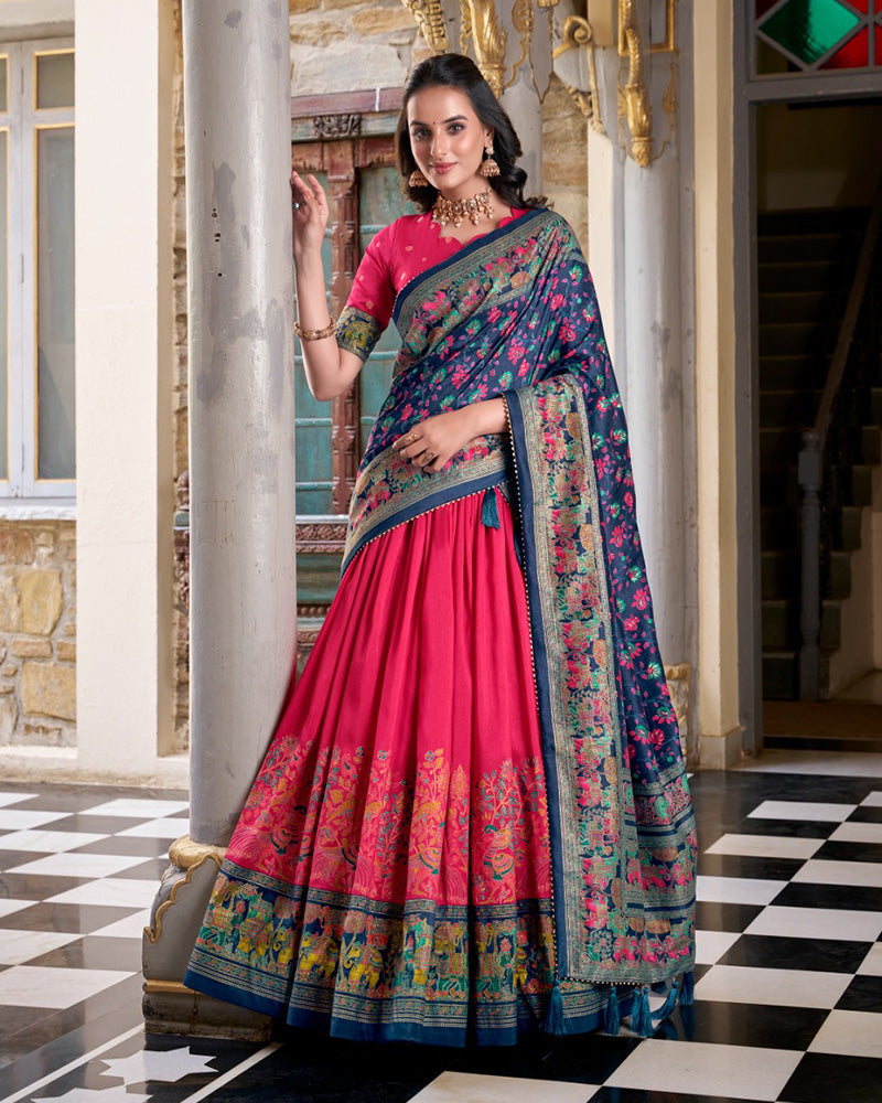 Pink Silk Printed Foli Work Semi-Stitched Half Saree Lehenga