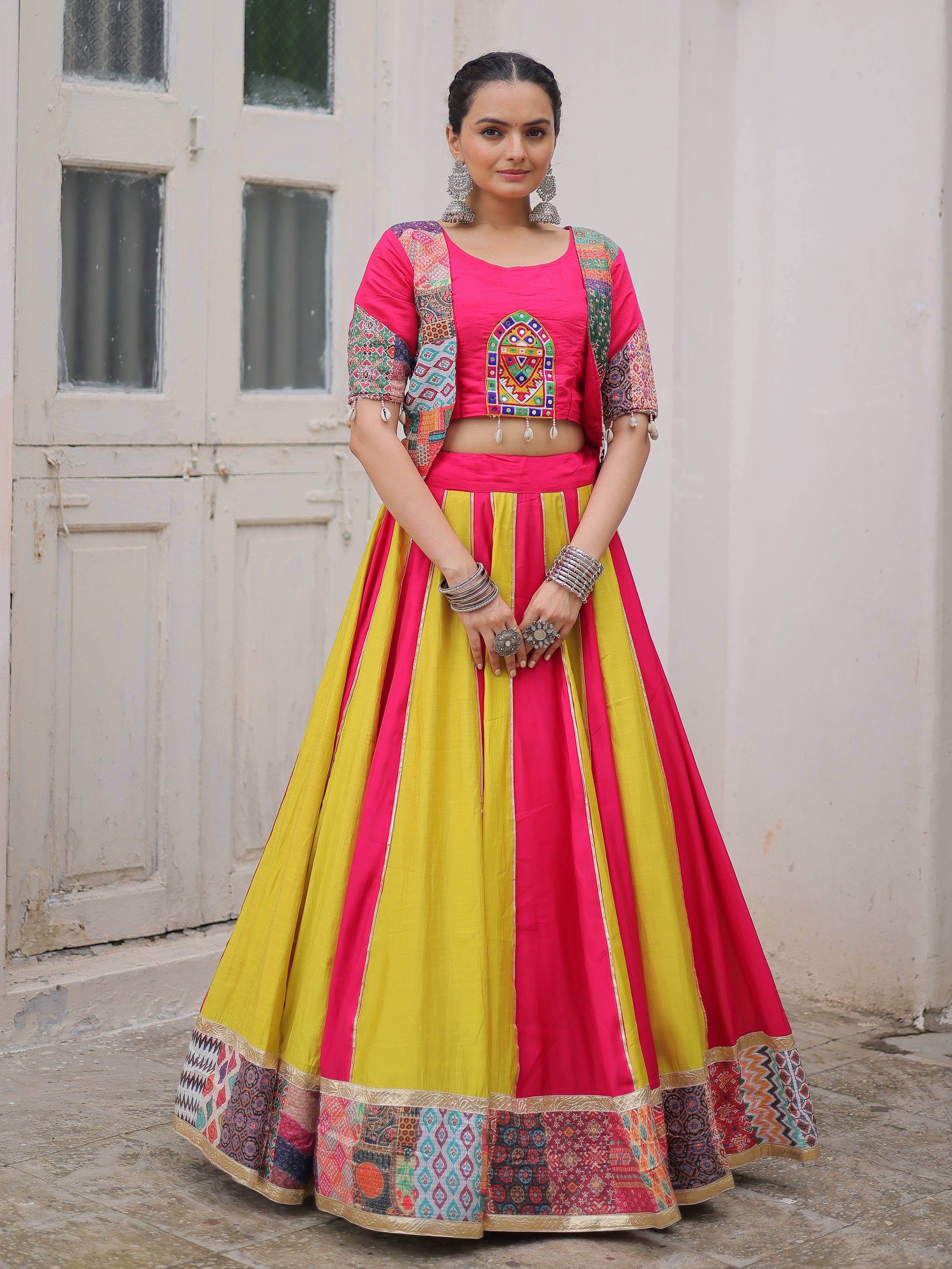 Pink Silk Printed Gotta Lace Work Navratri Lehenga Choli with Koti Style Blouse