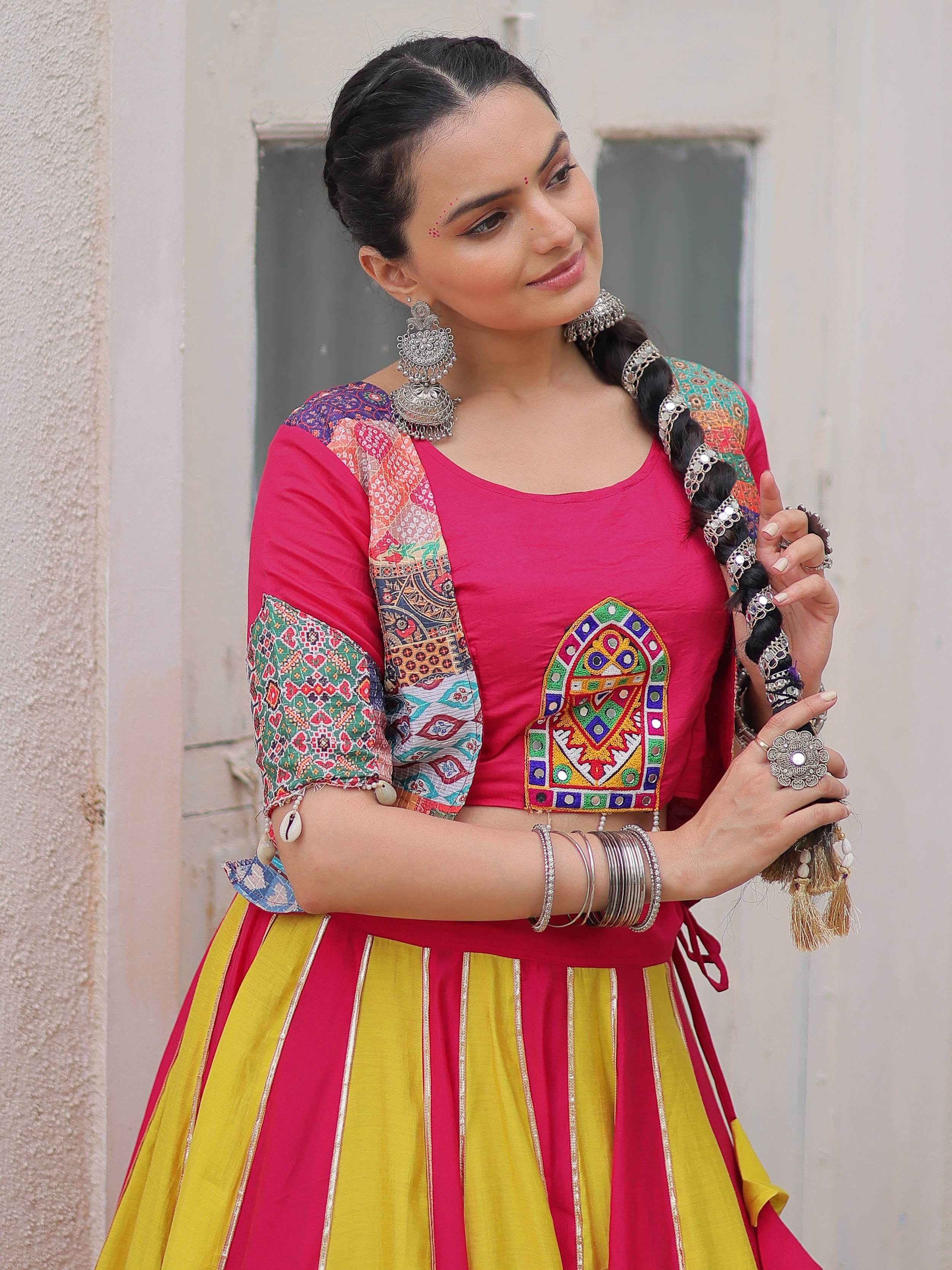 Pink Silk Printed Gotta Lace Work Navratri Lehenga Choli with Koti Style Blouse