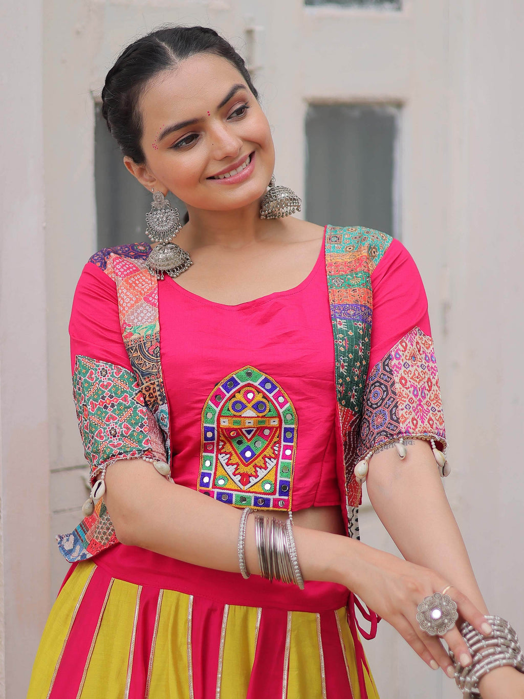 Pink Silk Printed Gotta Lace Work Navratri Lehenga Choli with Koti Style Blouse