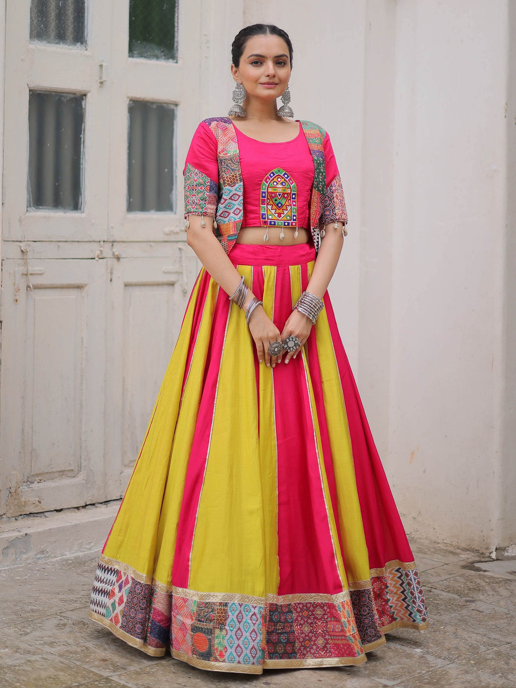 Pink Silk Printed Gotta Lace Work Navratri Lehenga Choli with Koti Style Blouse