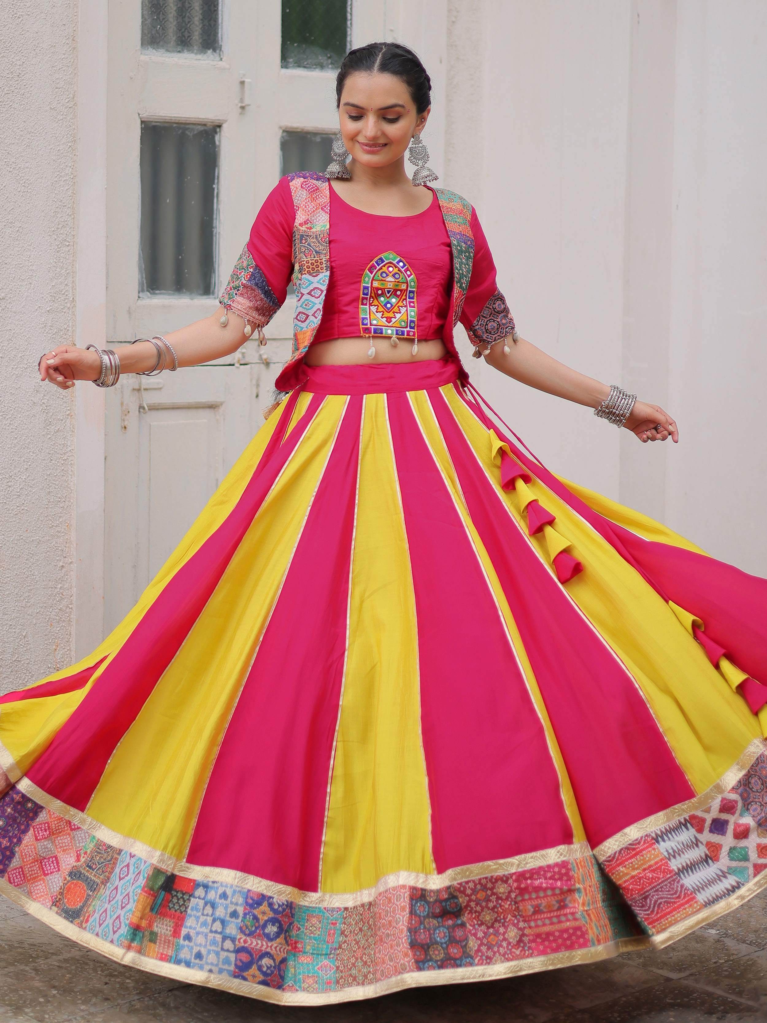 Pink Silk Printed Gotta Lace Work Navratri Lehenga Choli with Koti Style Blouse