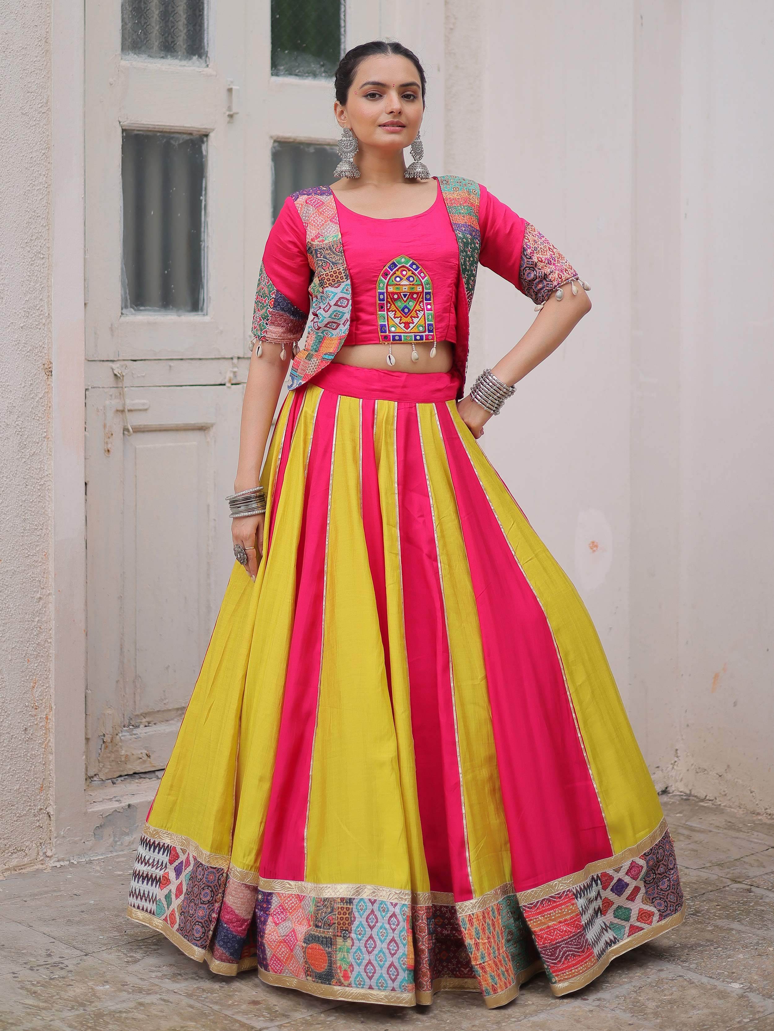 Pink Silk Printed Gotta Lace Work Navratri Lehenga Choli with Koti Style Blouse
