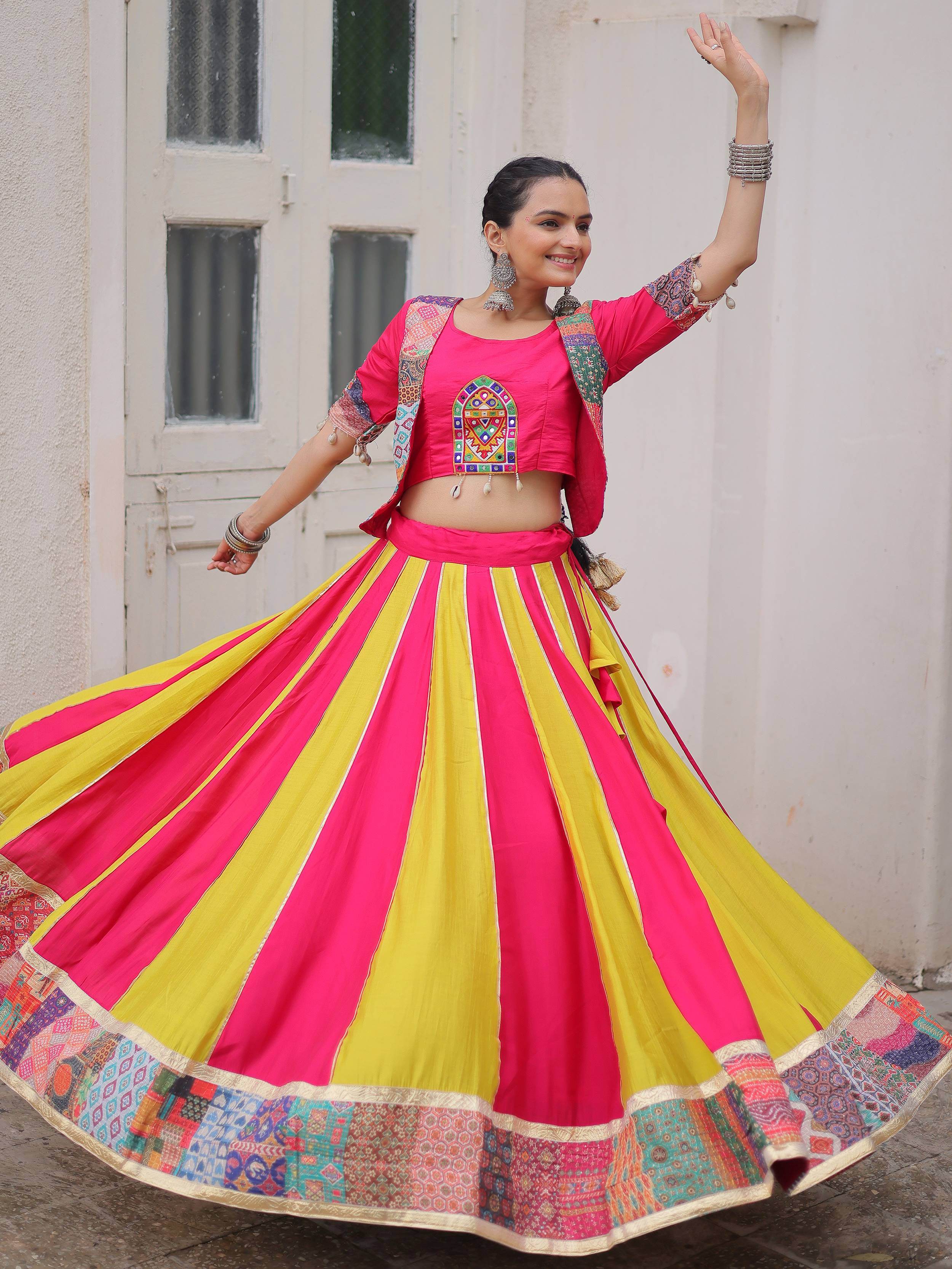 Pink Silk Printed Gotta Lace Work Navratri Lehenga Choli with Koti Style Blouse