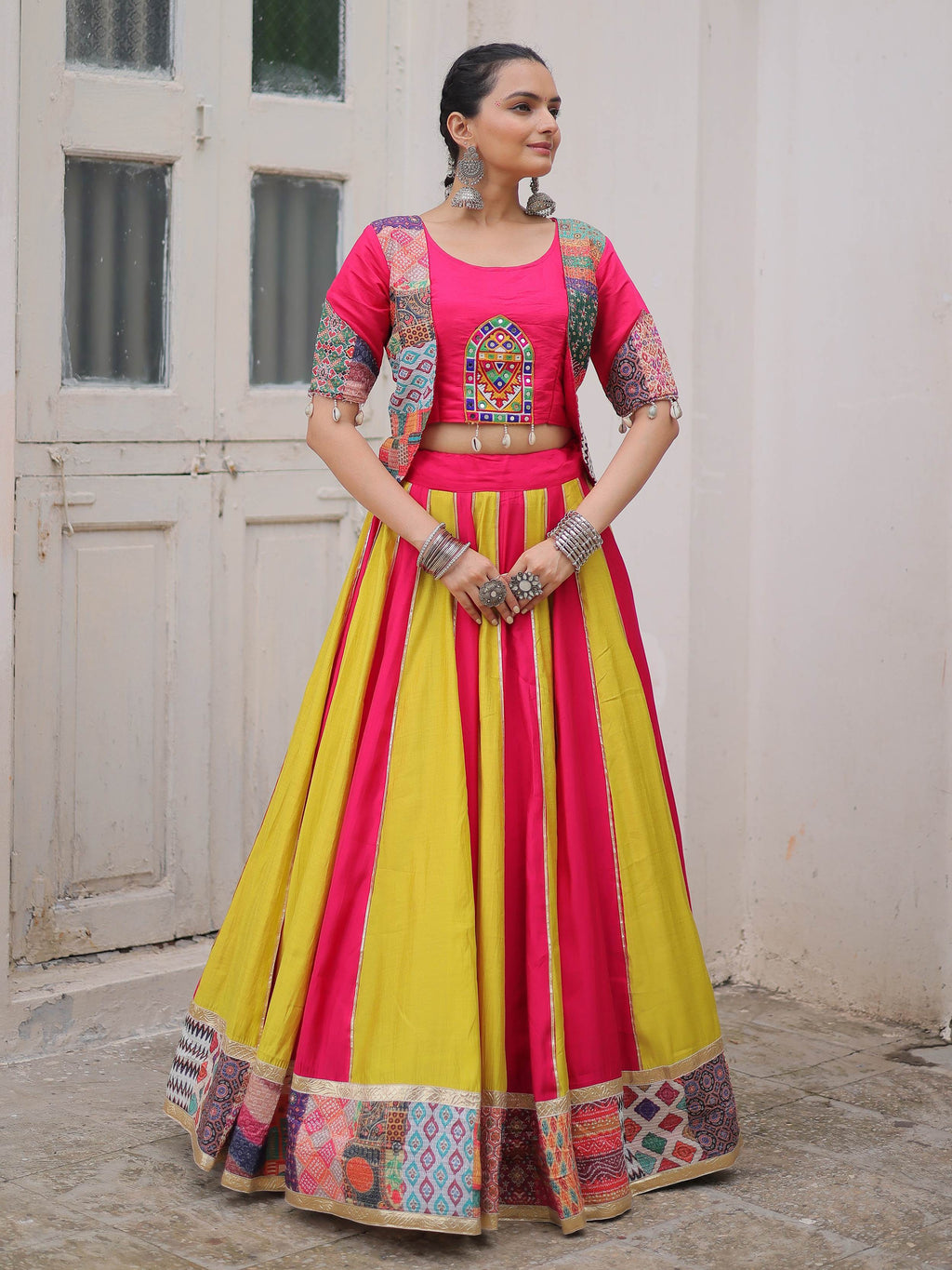 Pink Silk Printed Gotta Lace Work Navratri Lehenga Choli with Koti Style Blouse