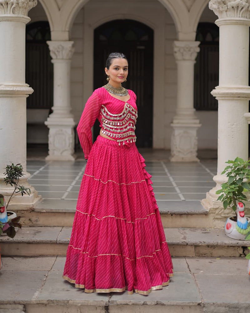 Pink Soft Georgette Gota Patti Lace Bandhej Leheriya Print Lehenga Choli