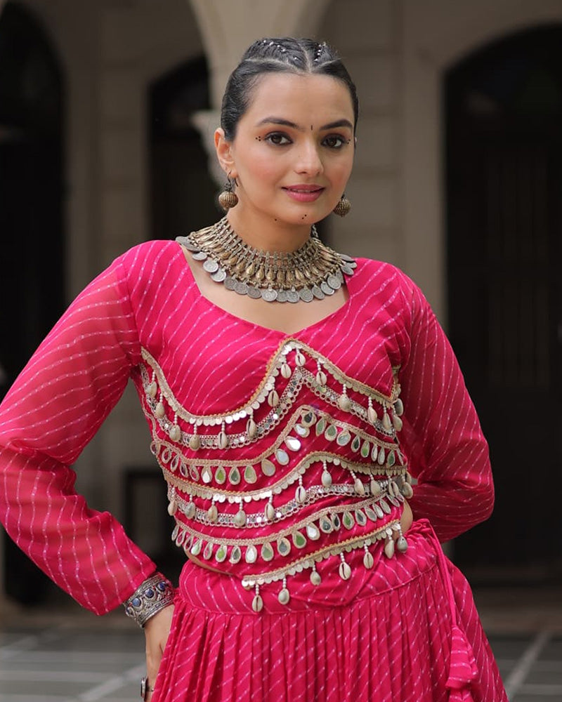 Pink Soft Georgette Gota Patti Lace Bandhej Leheriya Print Lehenga Choli