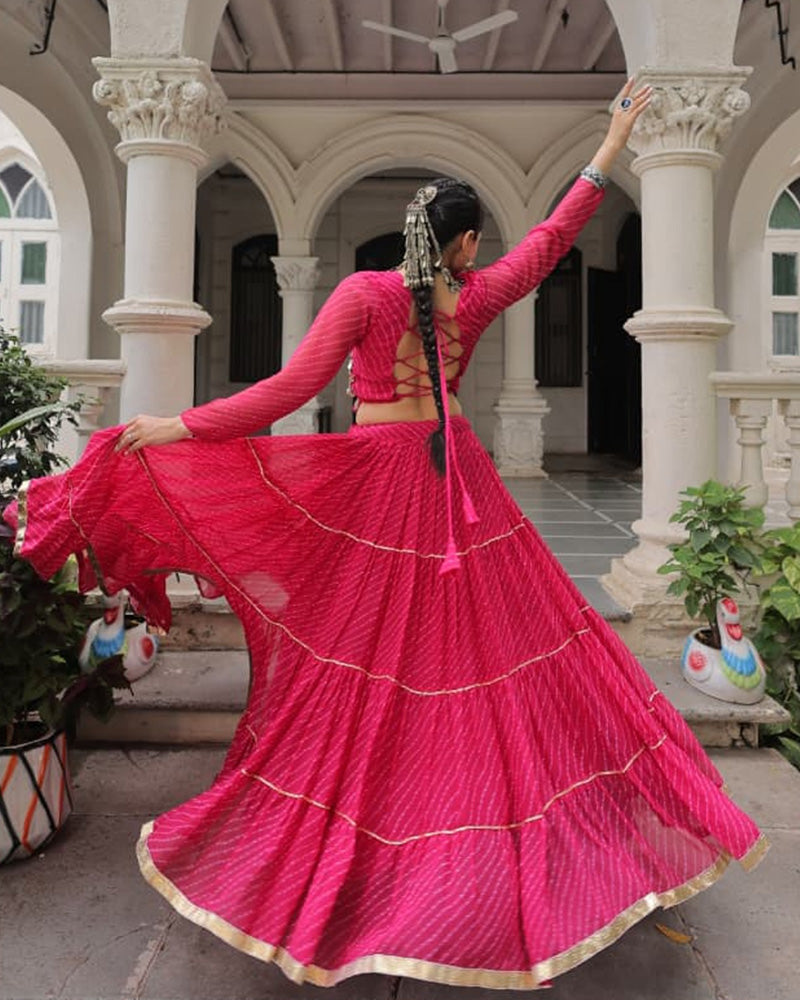 Pink Soft Georgette Gota Patti Lace Bandhej Leheriya Print Lehenga Choli