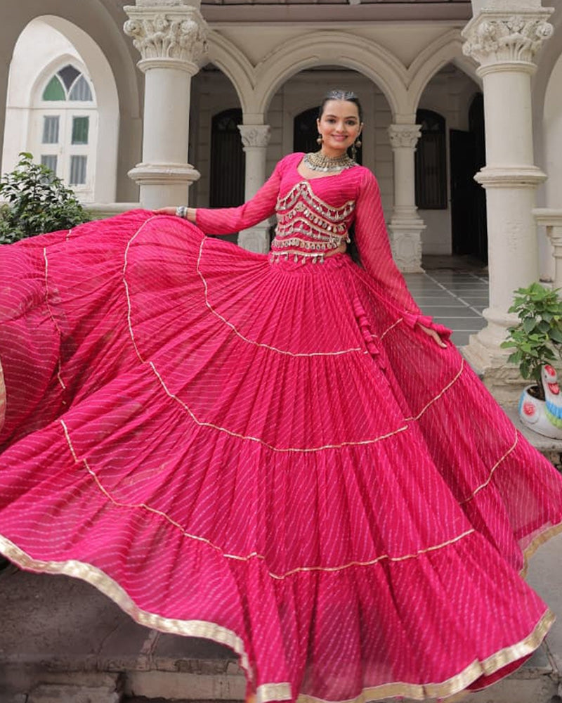 Pink Soft Georgette Gota Patti Lace Bandhej Leheriya Print Lehenga Choli