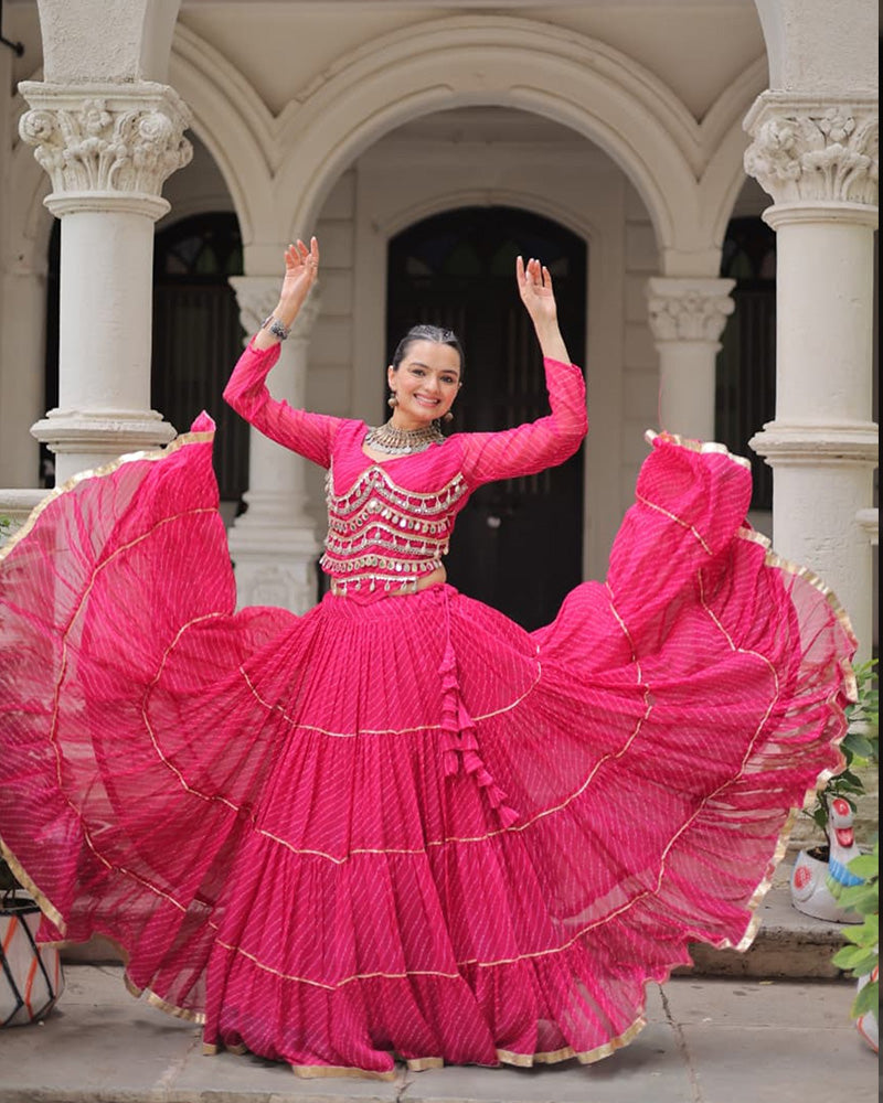 Pink Soft Georgette Gota Patti Lace Bandhej Leheriya Print Lehenga Choli
