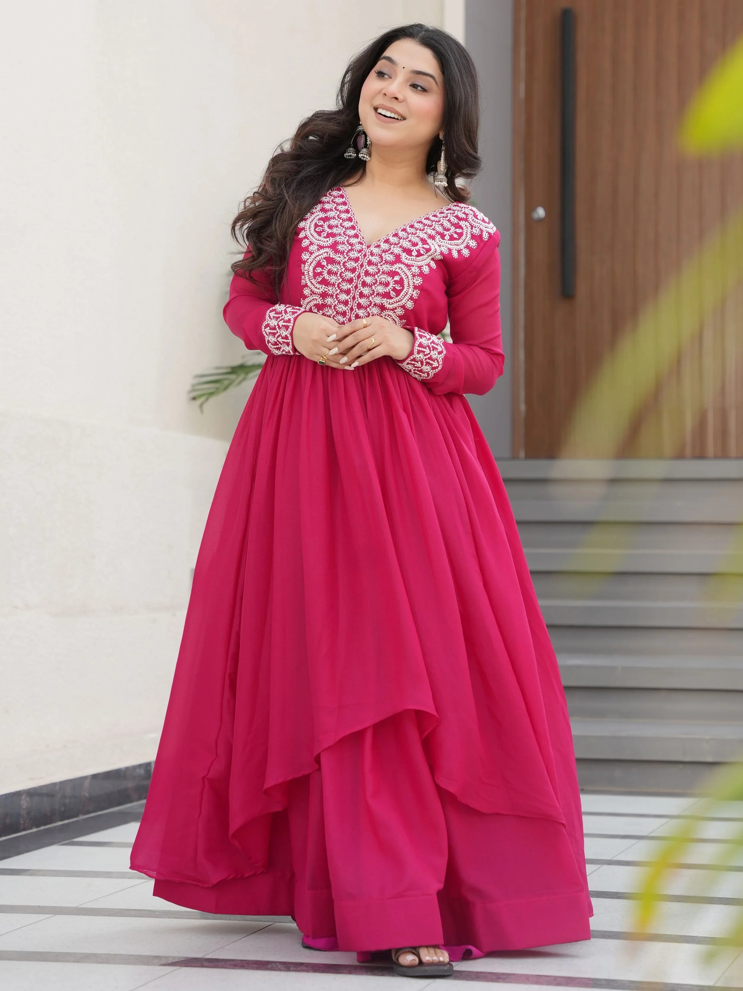 Pink Star Georgette Beads and Sequins Embroidered Work Gown