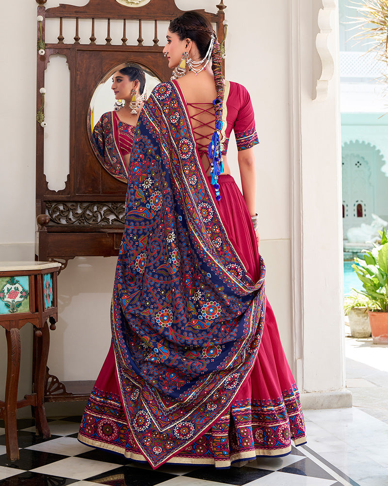 Pink Tussar Silk Gamthi Print Lehenga Choli with Dupatta